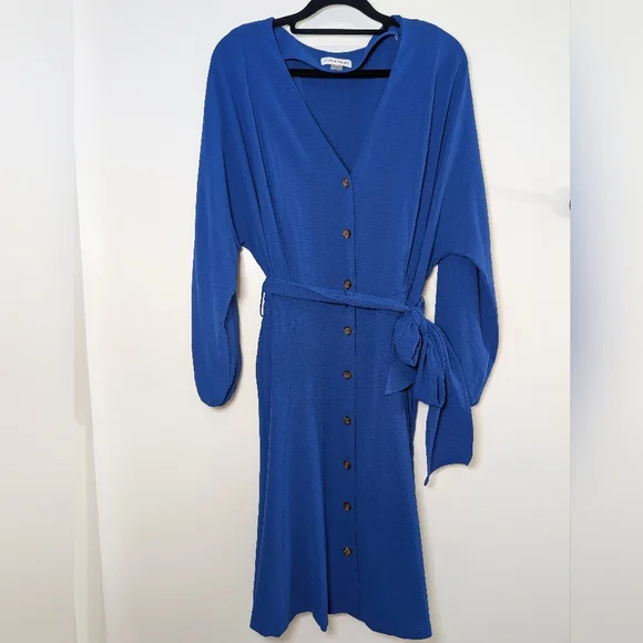 Calvin Klein Blue Button Front Tie Waist Midi Dress Size 10 Corpcore Minimalist - Picture 2 of 10